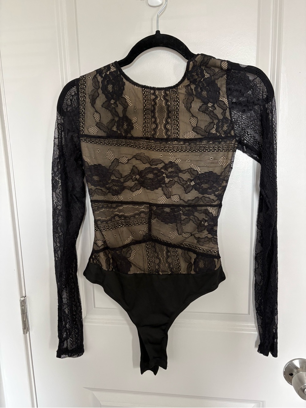 Lulu's Black Lace Long-Sleeve Sheer Bodysuit with Nude Lining